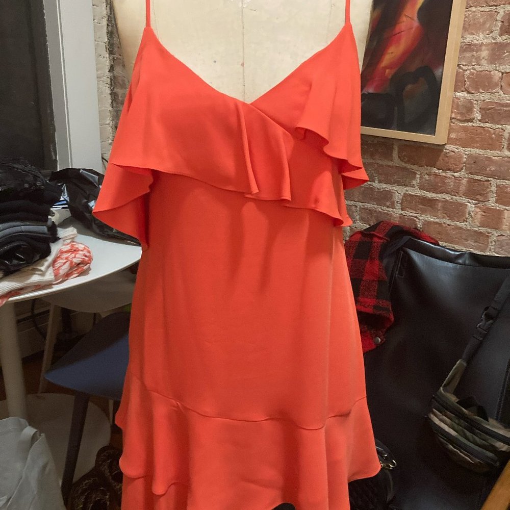 BCBGMAXAZRIA Asymmetrical Ruffle Dress with Cold Shoulder Size 4